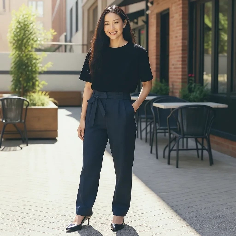 LOFT Petite Navy Paperbag Tie Waist Relaxed Fit Straight Tapered Leg Pants - Picture 7 of 7
